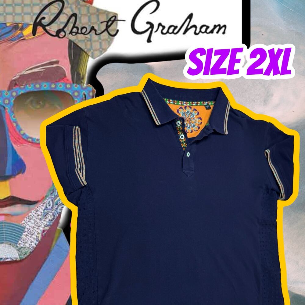 Robert Graham Blue Polo Shirt 2XL Cotton Indigo Embroidered Mens